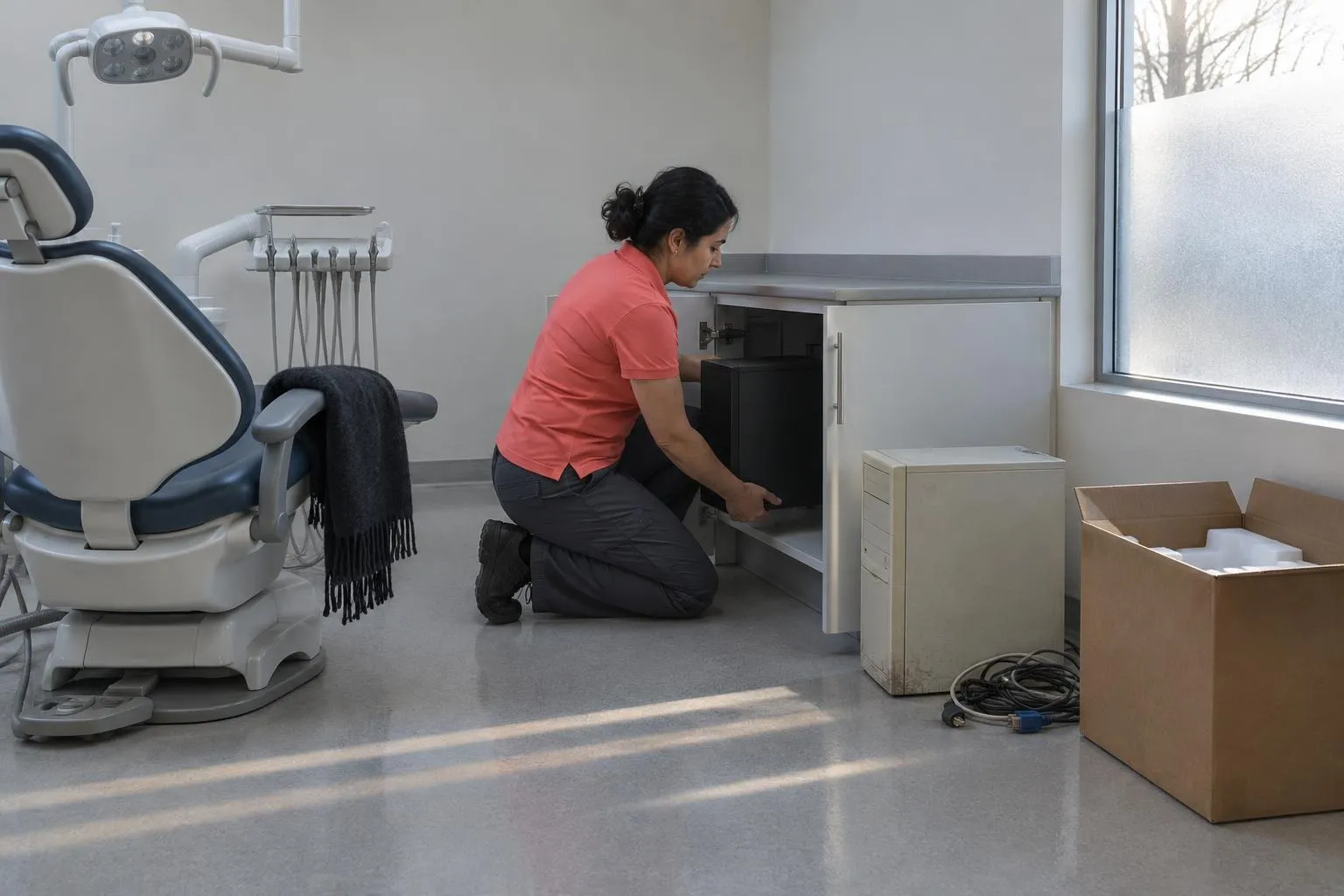 A dental IT specialist kneels at an operatory counter and lowers a new tower into the cabinet beside the old, dusty one on a frosty morning.